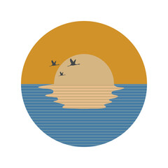Sunset on the sea circle colored icon. Sea sunset birds on yellow blue background. Vector illustration.