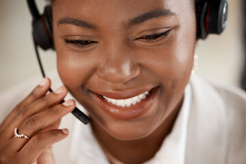 Black woman, face and smile with headphones in call center for customer service, support or telemarketing. Happy African female person consultant agent smiling in online advice or telesales at office