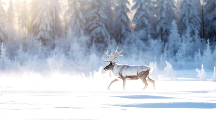 A reindeer glides over the snow, its silhouette striking against the crisp winter sky, the very essence of wild grace on a snowy canvas. Generative AI