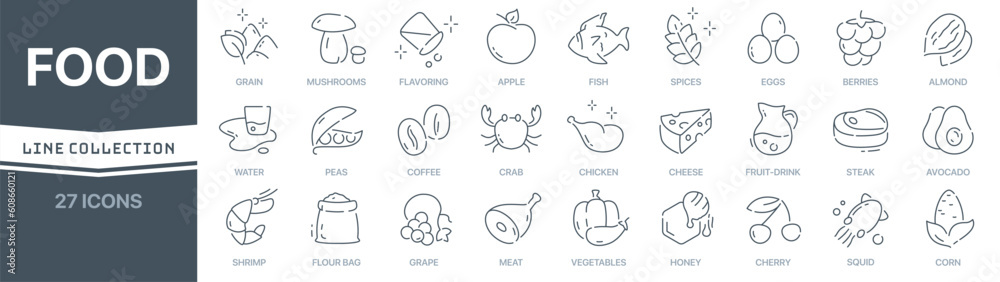 Poster food linear signed icon collection. signed thin line icons collection. set of food simple outline ic