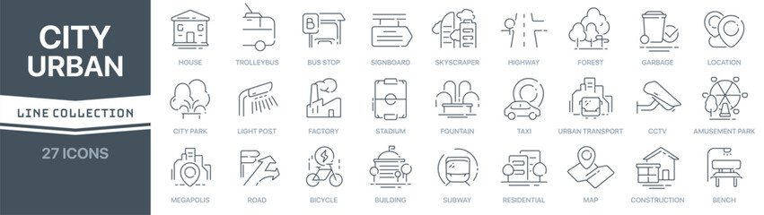 City and urban linear signed icon collection. Signed thin line icons collection. Set of city and urban simple outline icons