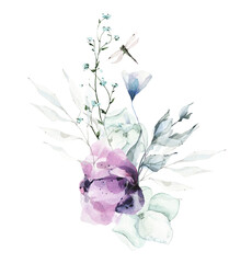 Floral, greenery arrangement watercolor painted. Bouquet with turquoise leaves, twigs, dragonfly andviolet peony flower
