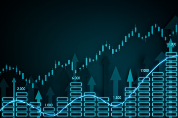 Bar graph and line moving up. Rising arrows. Positive bar chart in blue. Business, financial figures, analyzing, growth, infographic, financial report. Abstract business concept.