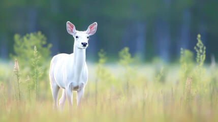 Under a bright summer sky, a rare albino deer stands in mallow grass, at the verdant forest's edge. Its majestic aura illuminates the serene landscape. Generative AI