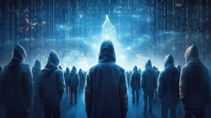 people in hoodies wearing on hitech digital background , Generative AI