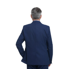 Mature businessman in stylish clothes posing on white background, back view