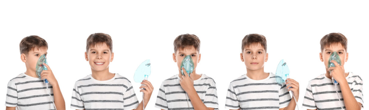 Inhalation therapy. Collage with photos of boy using nebulizer on white background