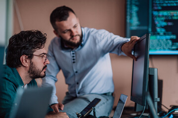 Programmers engrossed in deep collaboration, diligently working together to solve complex problems and develop innovative mobile applications with seamless functionality.