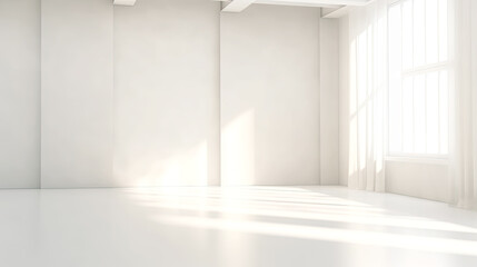 Minimalistic Sunny White Room with Blank Wall and Sunny Window with Curtains. AI generative. Bright Warm Tones, Mock Up.