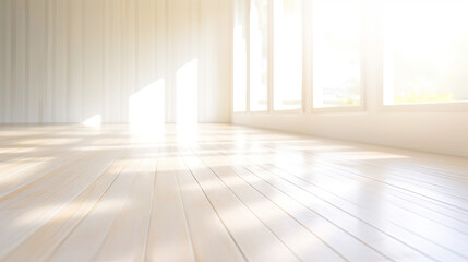 Minimalistic Sunny White Room with Wooden Floor and Sunny Window. AI generative. Bright Warm Tones, Mock Up.