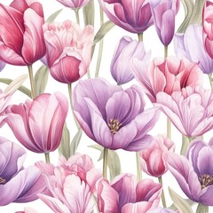 Obraz premium Seamless watercolor pattern with tulips. Floral pattern for wallpaper or fabric. Flower tulip. Generative AI