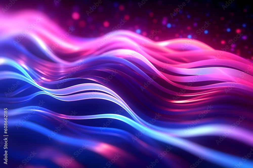 Poster Abstract futuristic background with pink blue glowing neon moving wave lines and bokeh lights. Generative AI