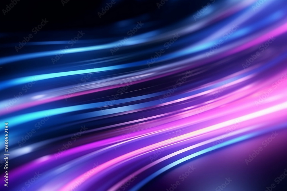 Poster abstract futuristic background with pink blue glowing neon moving wave lines. generative ai