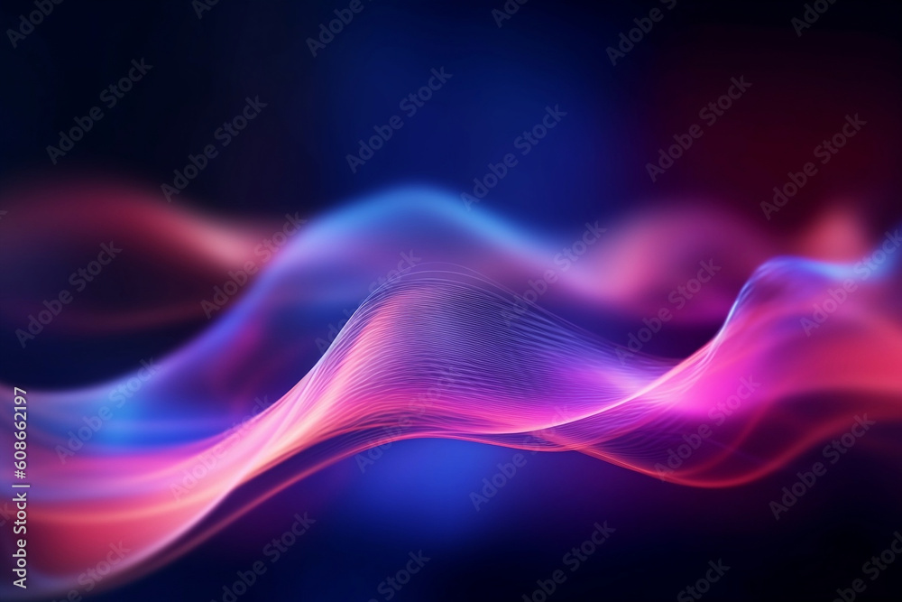 Poster abstract futuristic background with pink blue glowing neon moving wave lines. generative ai