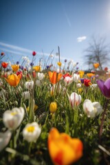 Obraz premium Colourful spring flowers at field over blue sky, created using generative ai technology