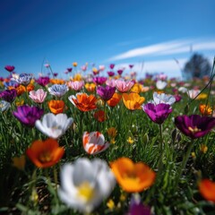 Colourful spring flowers at field over blue sky, created using generative ai technology
