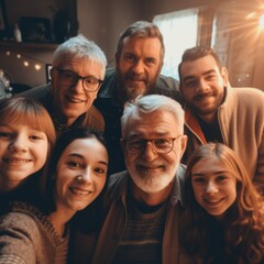 Obraz premium Portrait of happy caucasian family embracing at home, created using generative ai technology