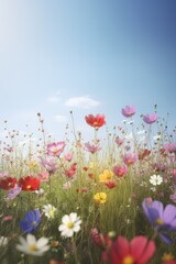 Colourful spring flowers at field over blue sky and clouds, created using generative ai technology