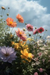 Colourful spring flowers at field over blue sky and clouds, created using generative ai technology