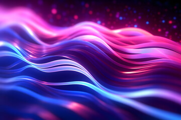 Abstract futuristic background with pink blue glowing neon moving wave lines and bokeh lights. Generative AI