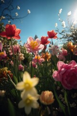 Fototapeta na wymiar Colourful spring flowers at field over blue sky, created using generative ai technology