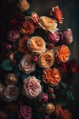 Close up of multi coloured flowers background, created using generative ai technology