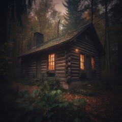 Fototapeta na wymiar Wooden cabin in forest with lit windows at night, created using generative ai technology