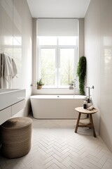 Modern bathroom with window and white tiling, created using generative ai technology