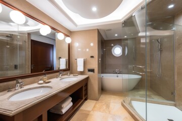 Modern bathroom in pale grey marble with shower wet room, created using generative ai technology