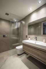 Fototapeta na wymiar Modern bathroom with mirror and lights, created using generative ai technology