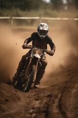 Man riding racing bike on dirt track, created using generative ai technology