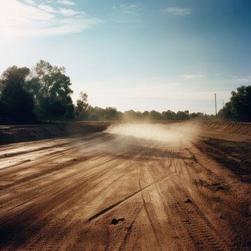 Dirt track in countryside with blue skies, created using generative ai technology