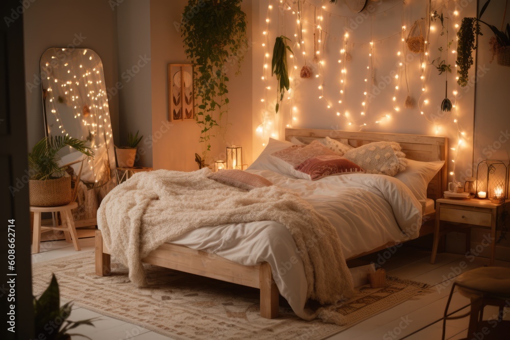 Wall mural living room decorated with strings of fairy lights, created using generative ai technology