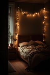 Living room decorated with strings of fairy lights, created using generative ai technology