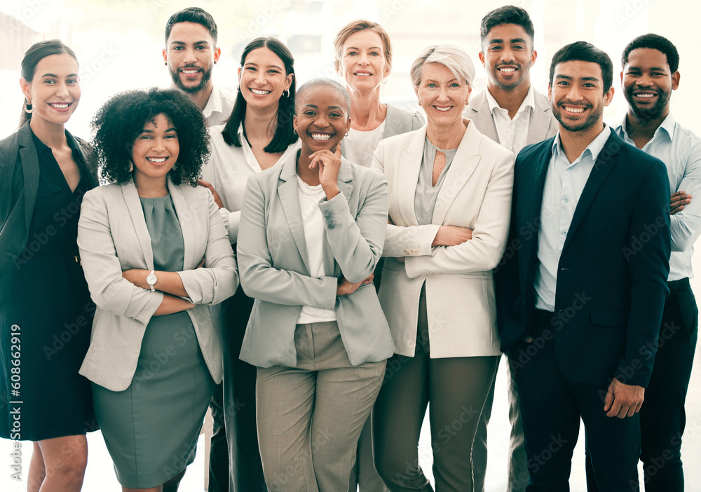 Aufkleber group, diversity and portrait of team in business together with arms crossed at work, company teamwo