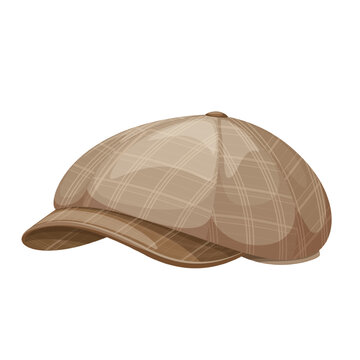 Flat cap vector illustration. Cartoon isolated retro newsboy or paperboy tweed hat with visor and button on top, vintage fashion clothing for head of Irish or English gentleman, classic detectives cap