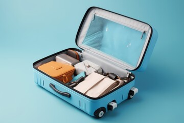 Open blue suitcase packed with accessories, blue background, created using generative ai technology
