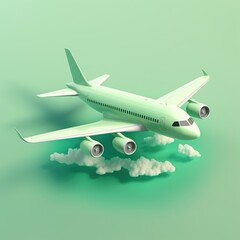 Passenger jet plane and clouds on pale green background, created using generative ai technology