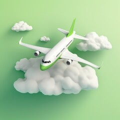 Passenger jet plane and clouds on green with copy space, created using generative ai technology