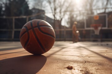 Basketball in basketball court surrounded by trees, created using generative ai technology