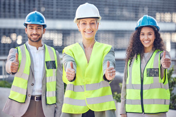 Engineer, construction and team thumbs up with a woman manager outdoor for civil engineering work. Portrait of leader and gender equality with a man and women show hands for building project success