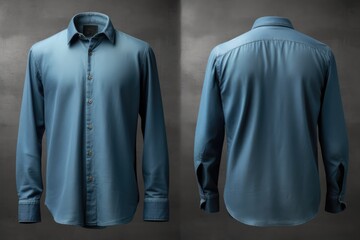 Front and back of blue shirt on grey background, created using generative ai technology