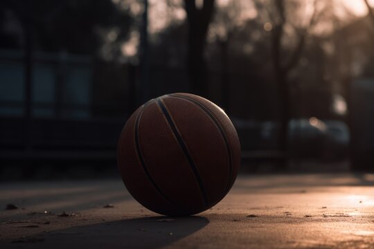 Basketball in basketball court with window, created using generative ai technology
