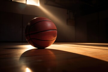 Obraz premium Basketball in basketball court surrounded by trees, created using generative ai technology