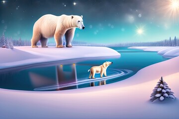 Christmas Polar Bear in Winter Landscape. Generative AI