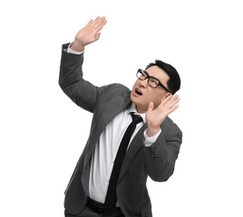 Scared businessman in suit posing on white background