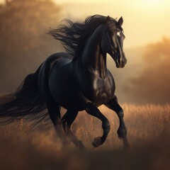 Close up of wild black horse running in field, created using generative ai technology