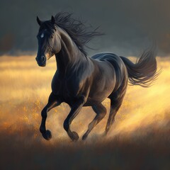 Obraz na płótnie Canvas Close up of wild black horse running in field, created using generative ai technology