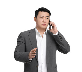 Fototapeta premium Businessman in suit talking on phone against white background