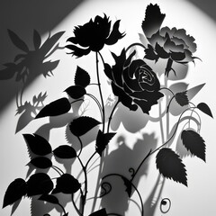 Close up of black flower silhouettes on beige background, created using generative ai technology